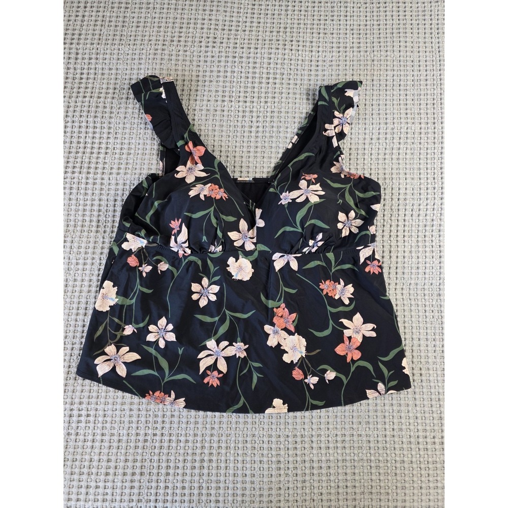 Swim Tankini Top Womens Size 3XL Black Floral Padded Ruffle V-Neck (303)